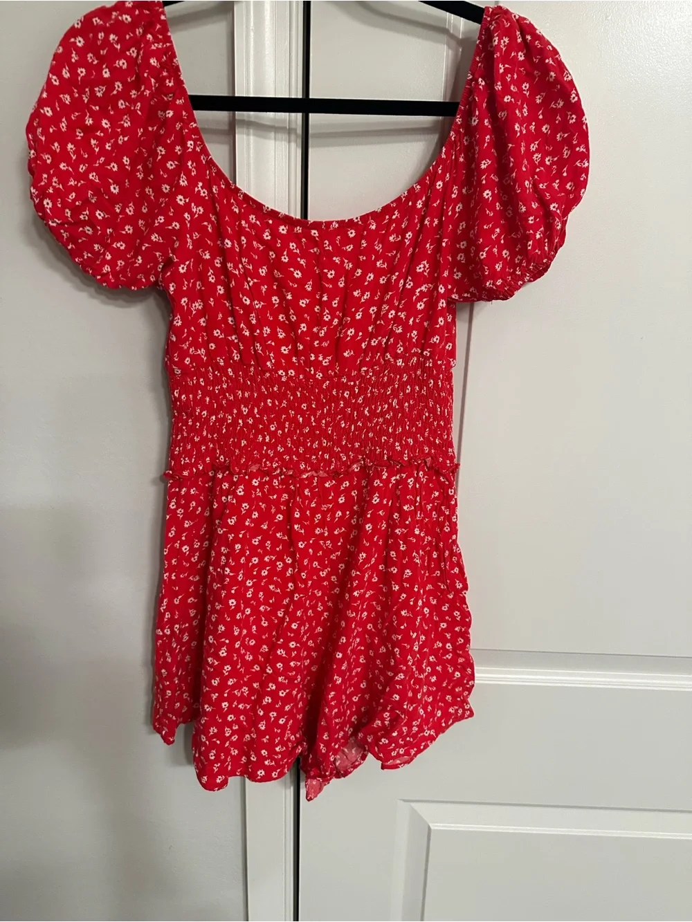 Altar'd State Red Floral Puff-Sleeve Romper Shorts
